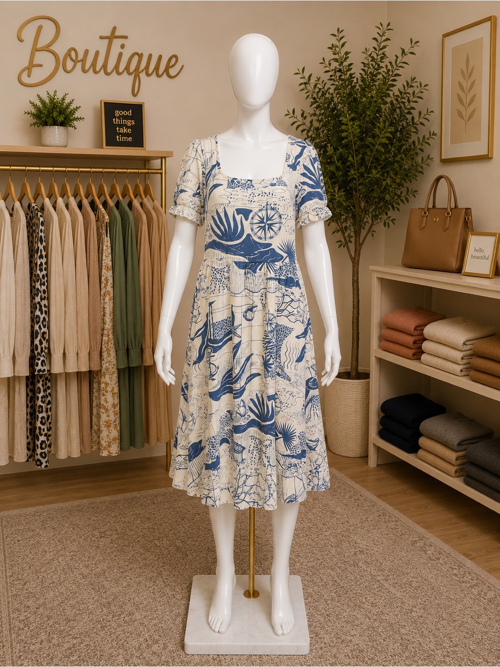 BloomChic Cream Midi Dress with Blue Botanical Motif